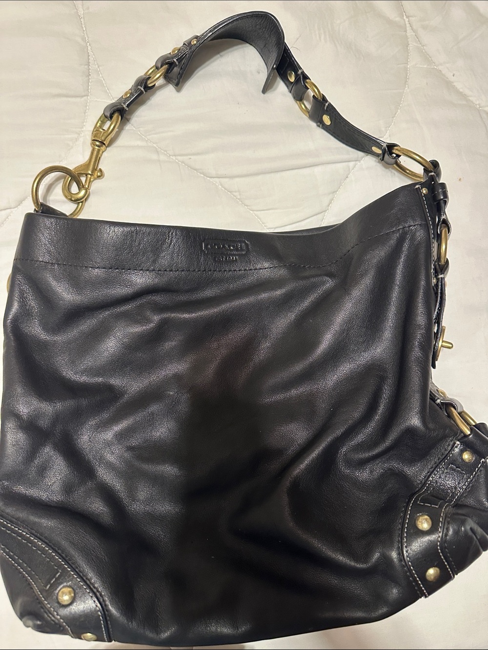 Coach Black Leather Shoulder Bag with Brass Hardware